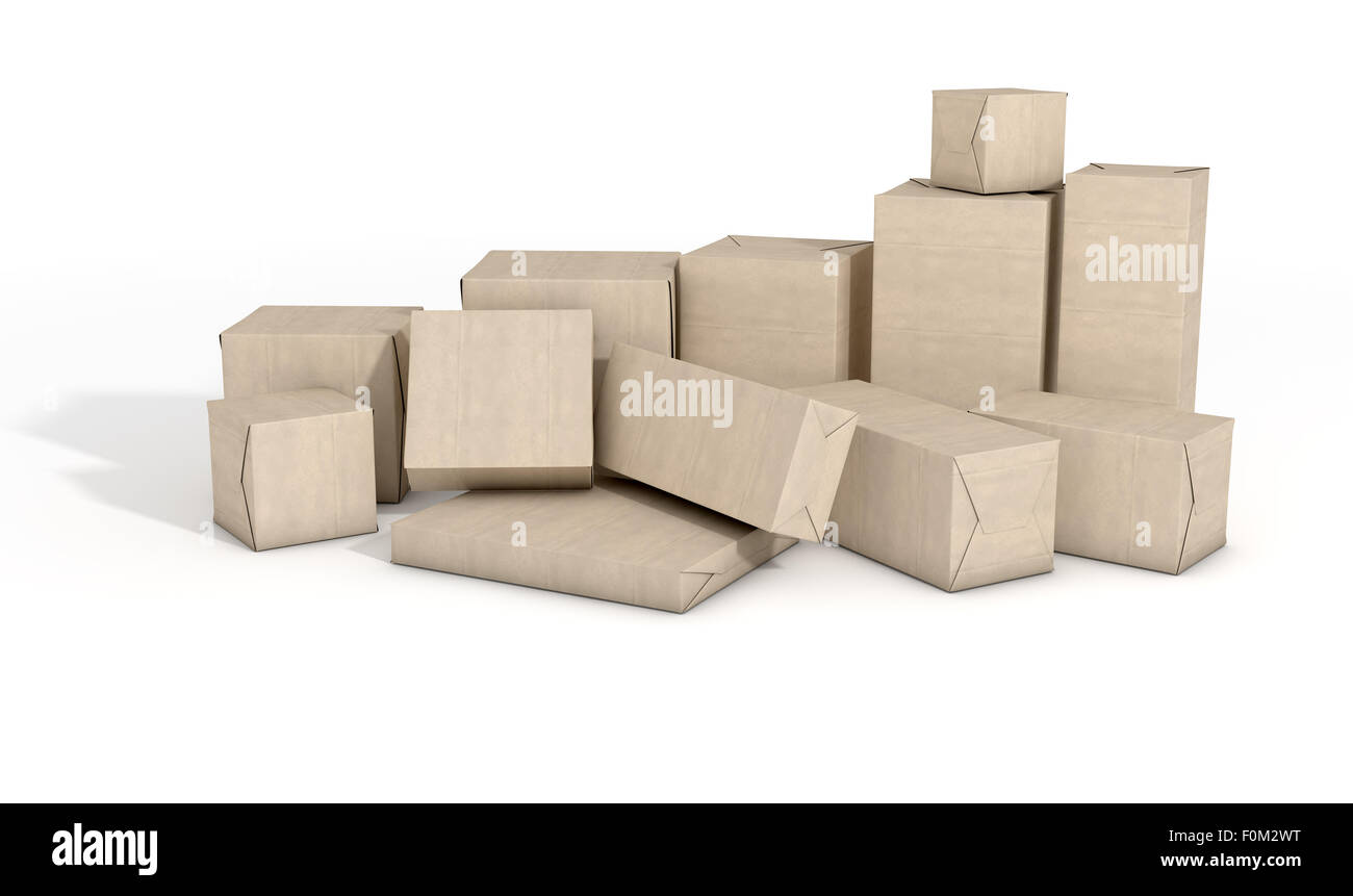 A scattered collection of parcel boxes wrapped in brown paper on an