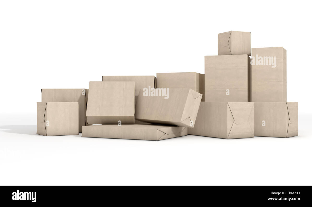 A scattered collection of parcel boxes wrapped in brown paper on an isolated white studio background Stock Photo