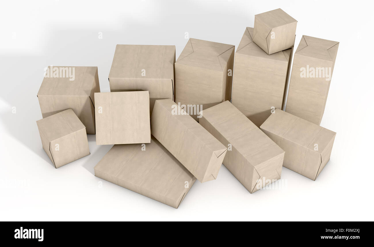 A scattered collection of parcel boxes wrapped in brown paper on an
