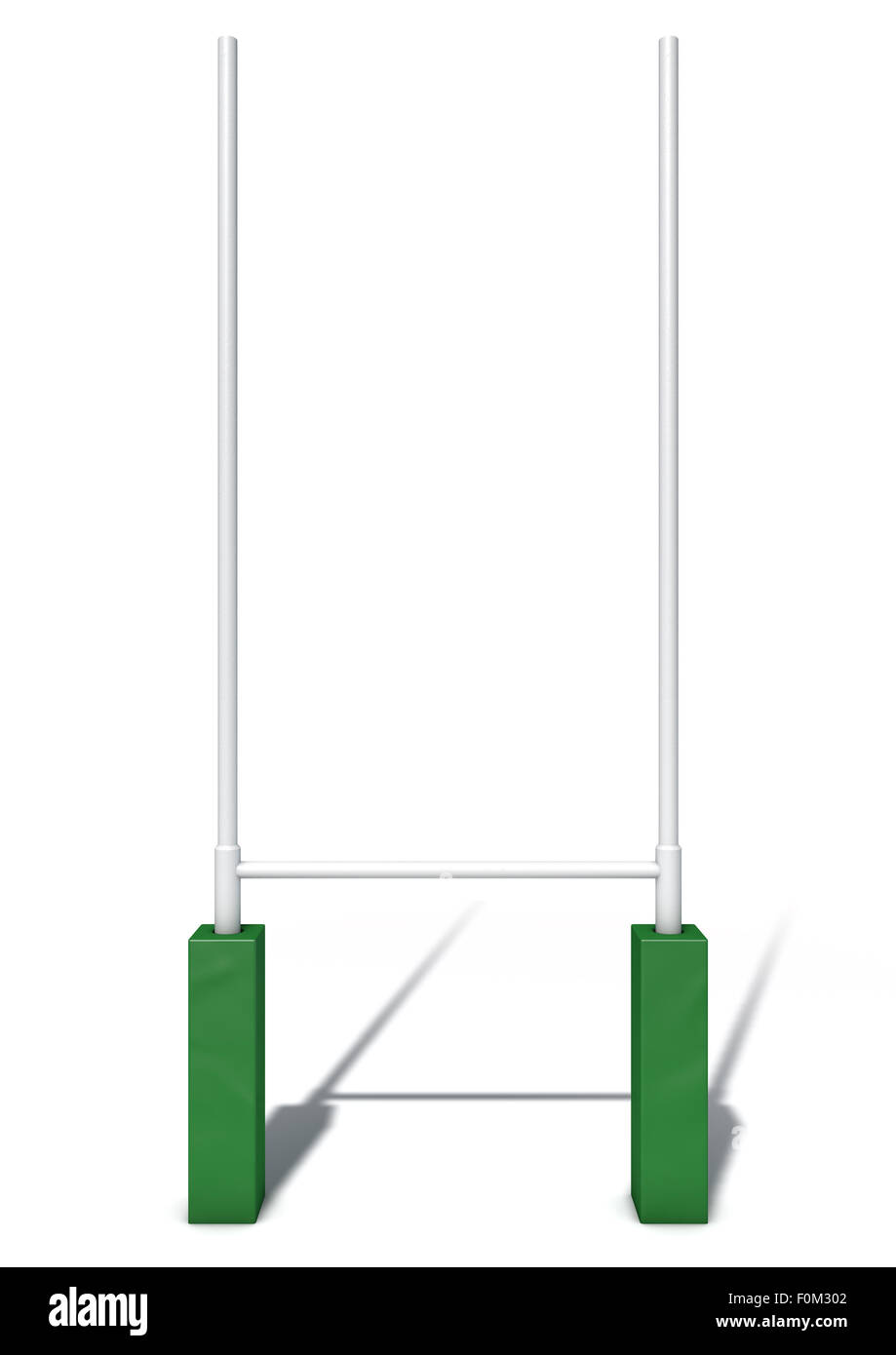 An isolated studio shot of white rugby posts with green padding Stock