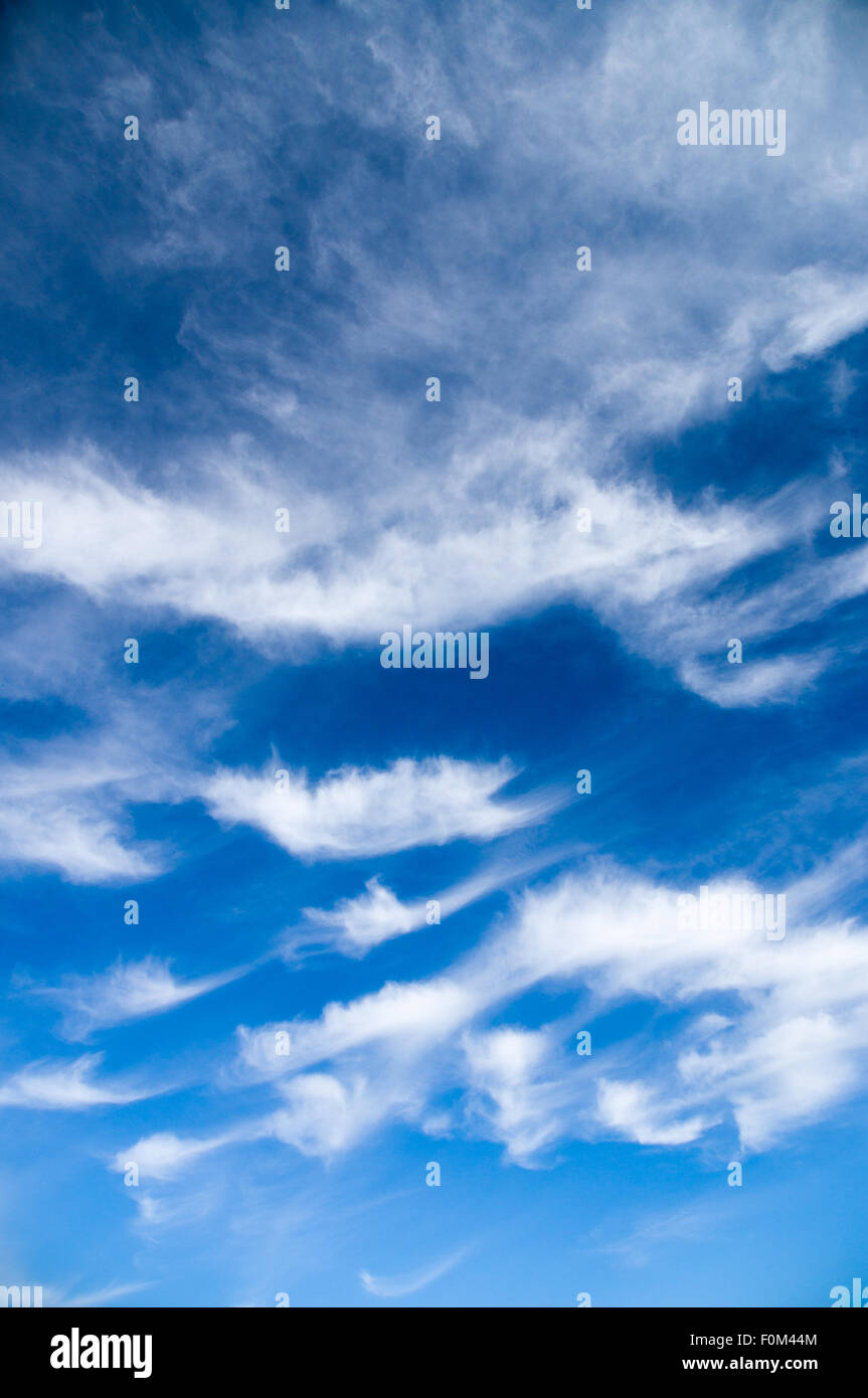 Cirrus and stratus clouds against bright blue sky, vertical wide angle view Stock Photo