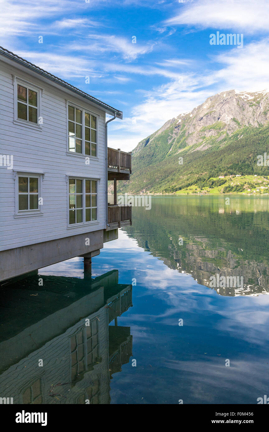 Water side holiday accommodation on the Sogne-fjord, Skjolden, Norway Stock Photo