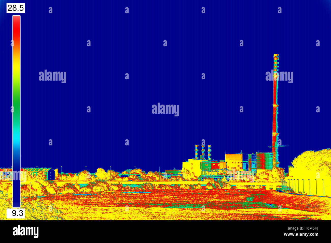 Infrared thermography image showing the heat emission at the Chimney of energy station Stock Photo