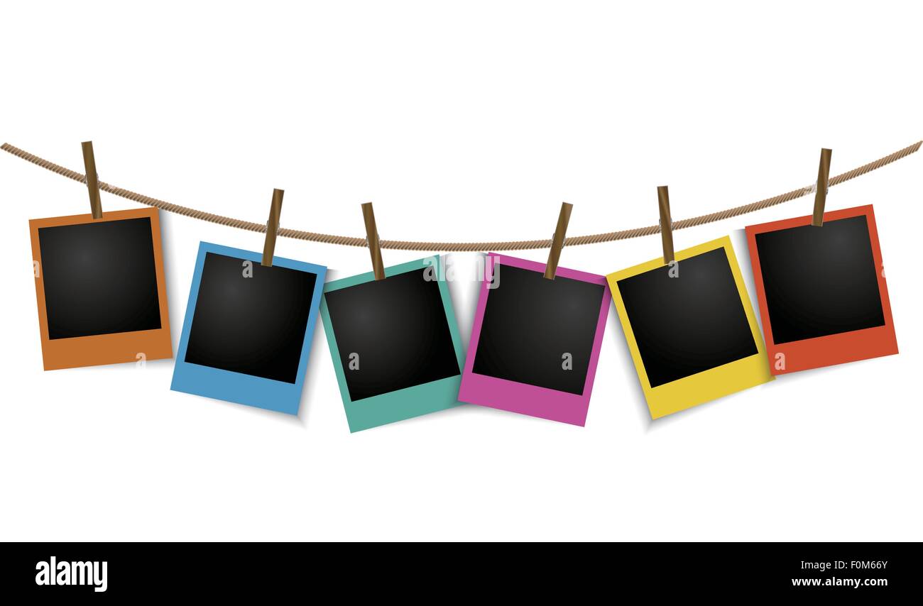 Empty colorful photo frames hanging on rope with pin Stock Vector Image