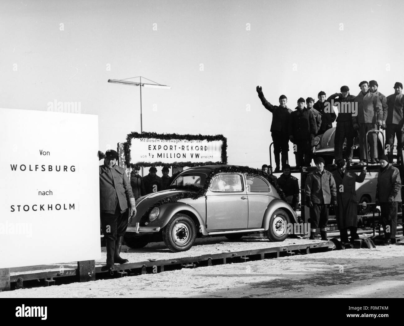 transport / transportation, car, vehicle variants, Volkswagen, VW beetle, ceremonial act celebrating the export of the 500000 vehicle from Wolfsburg to Stockholm, 1960s, Additional-Rights-Clearences-Not Available Stock Photo