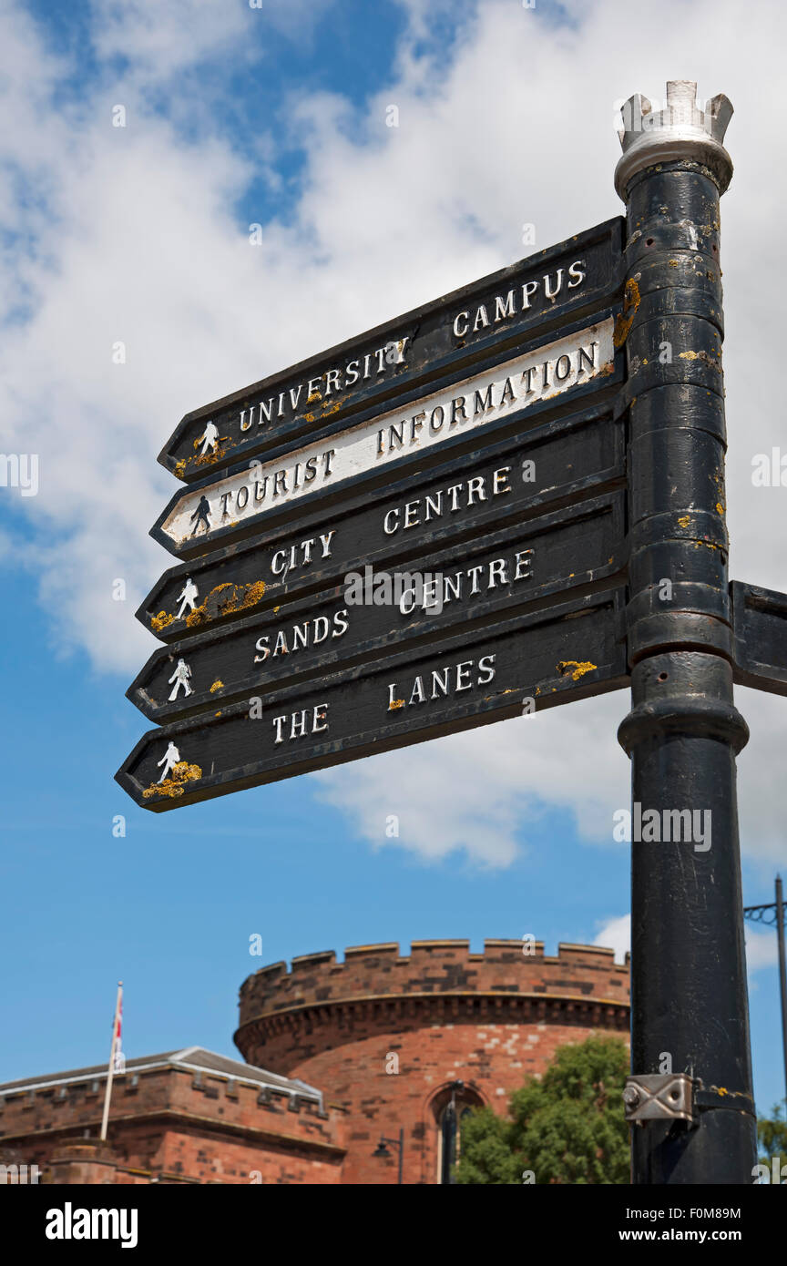Close up of tourist visitor information sign signs signpost near the Citadel Carlisle Cumbria England UK United Kingdom GB Great Britain Stock Photo