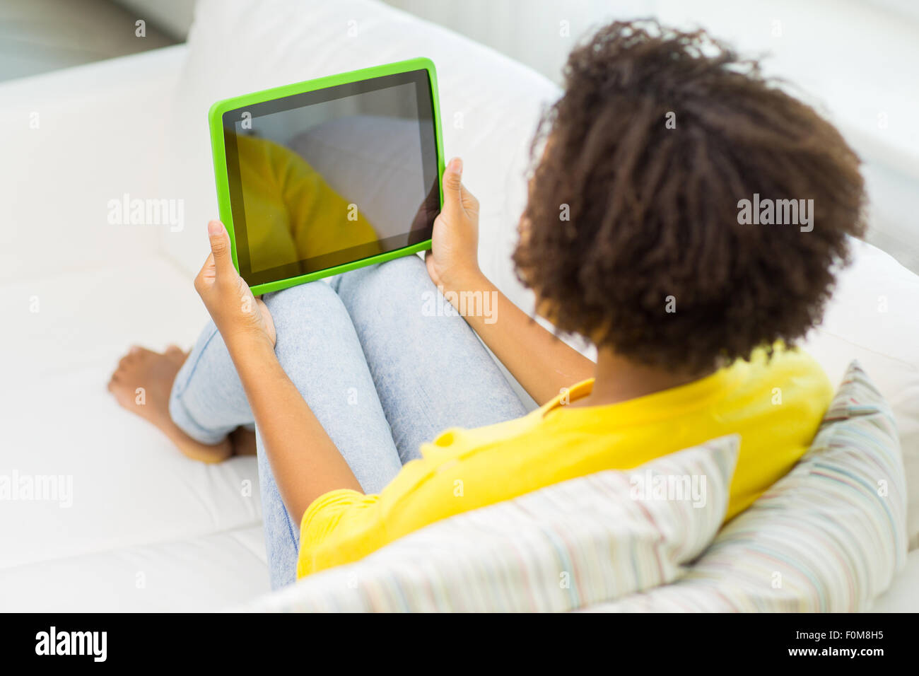 happy african american woman with tablet pc Stock Photo - Alamy