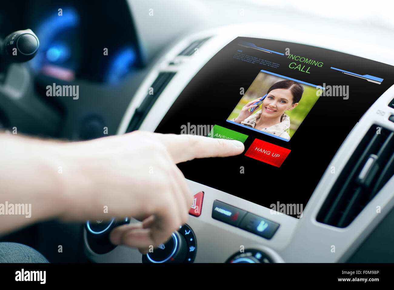 male hand receiving video call on car panel screen Stock Photo Alamy