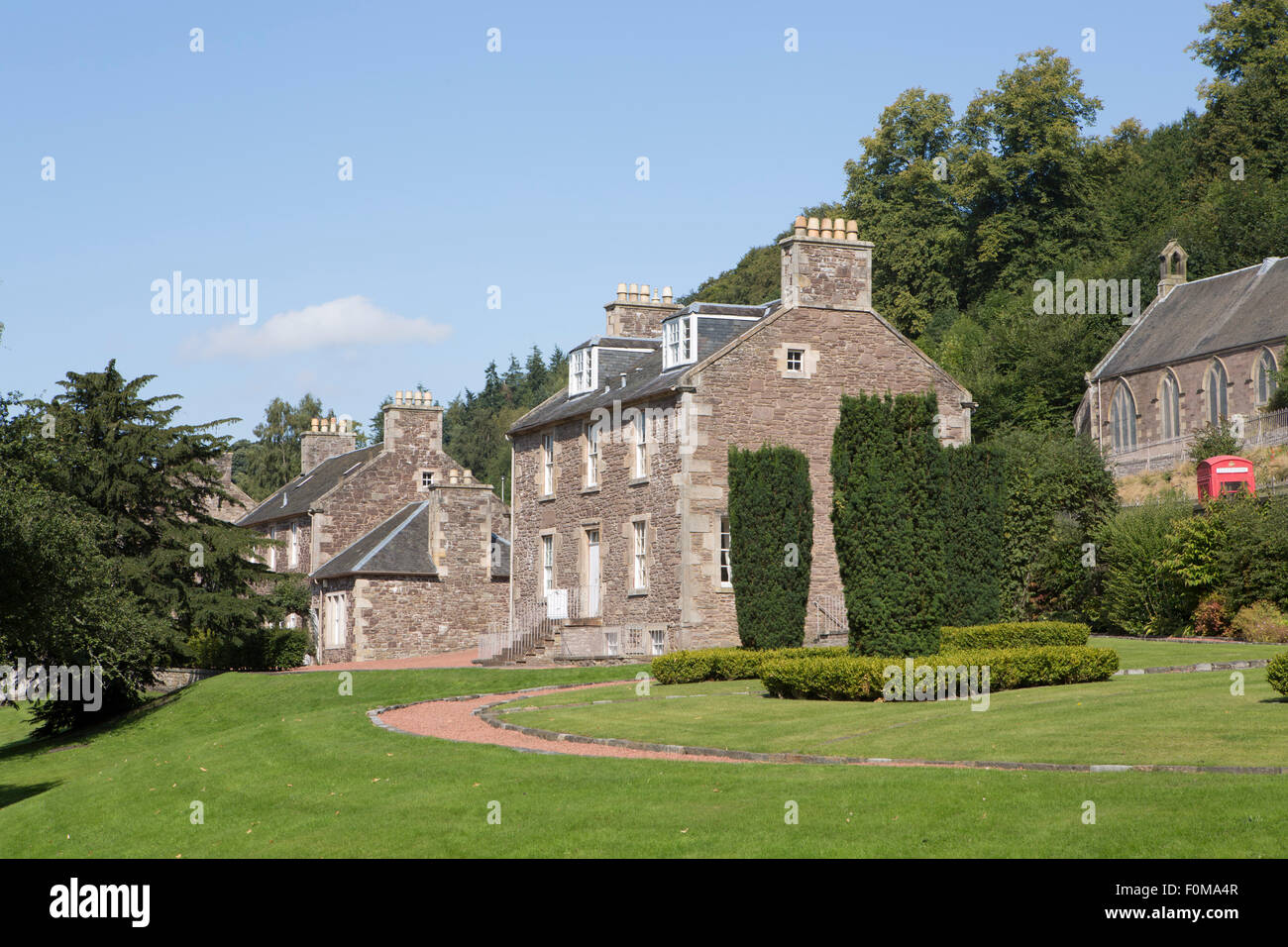 Workers' houses at New Lanark, an 18th Century cotton mill village built by David Dale & run on the enlightenment principles of Robert Owen Stock Photo