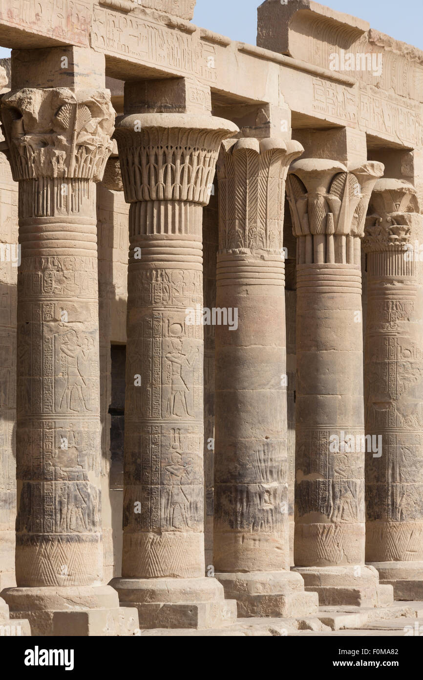 colonnade of forecourt, temple of Isis, Philae, Aswan, Egypt Stock Photo