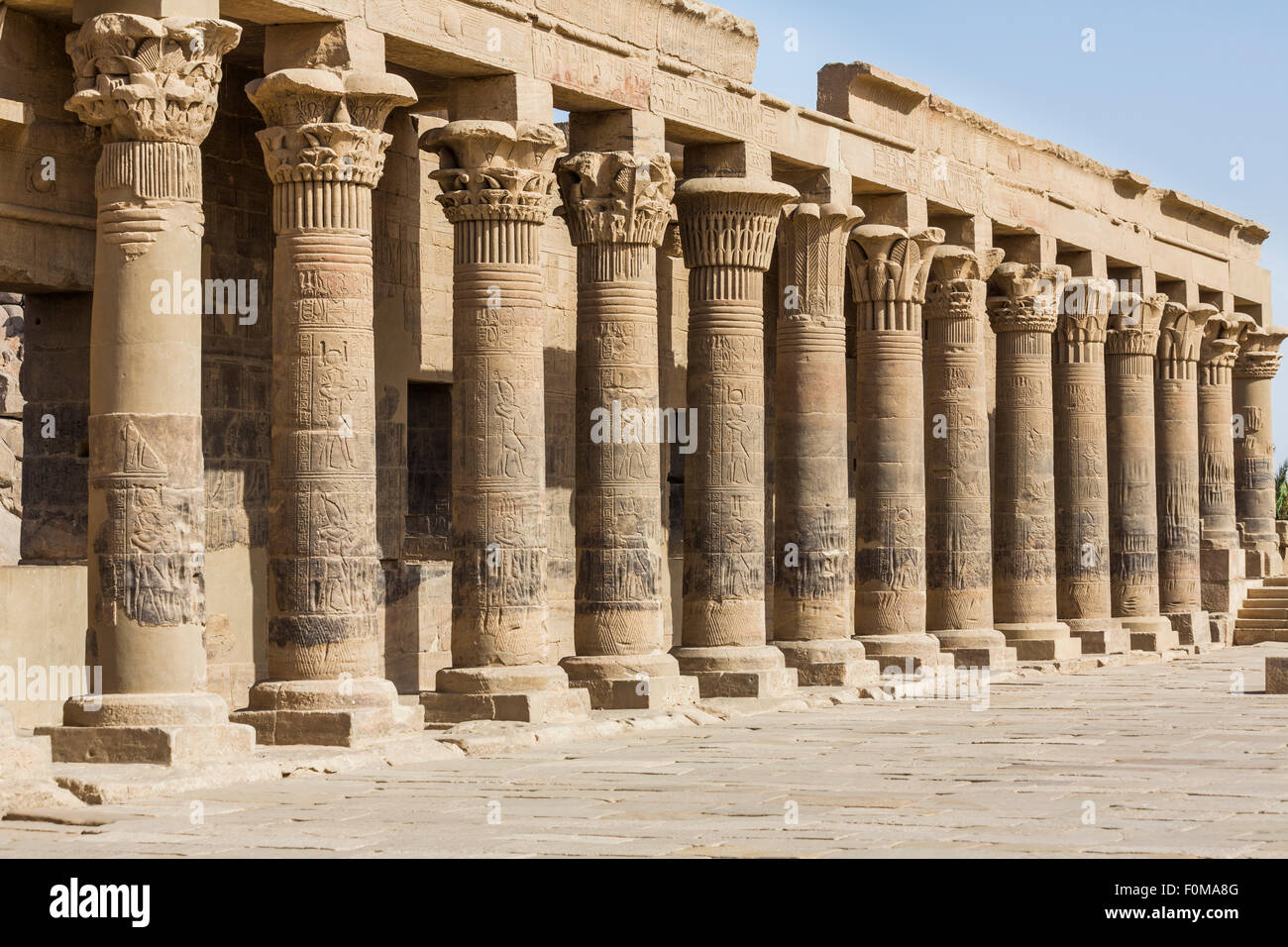 colonnade of forecourt, temple of Isis, Philae, Aswan, Egypt Stock Photo