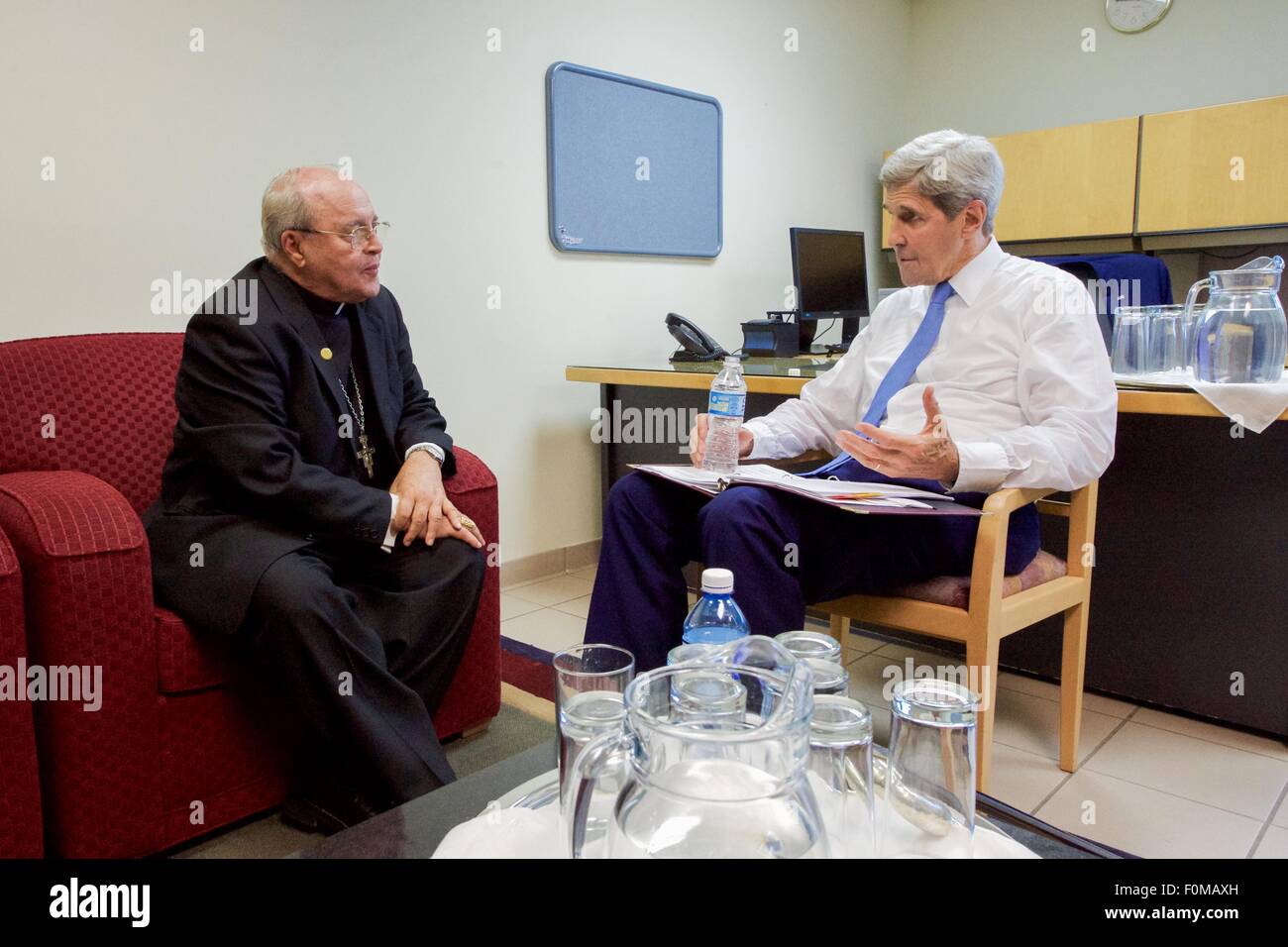 U.S. Secretary of State John Kerry meets with Cuban Cardinal Jaime Ortega August 14, 2015 in Havana, Cuba. The United States reopened the embassy in Cuba for the first time since 1961. Stock Photo