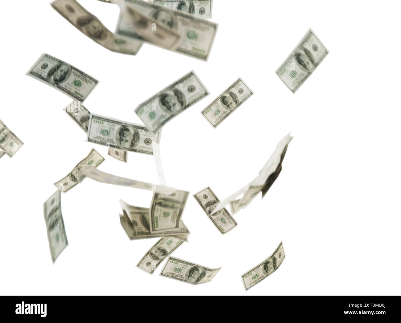close up of us dollar money flying over white Stock Photo
