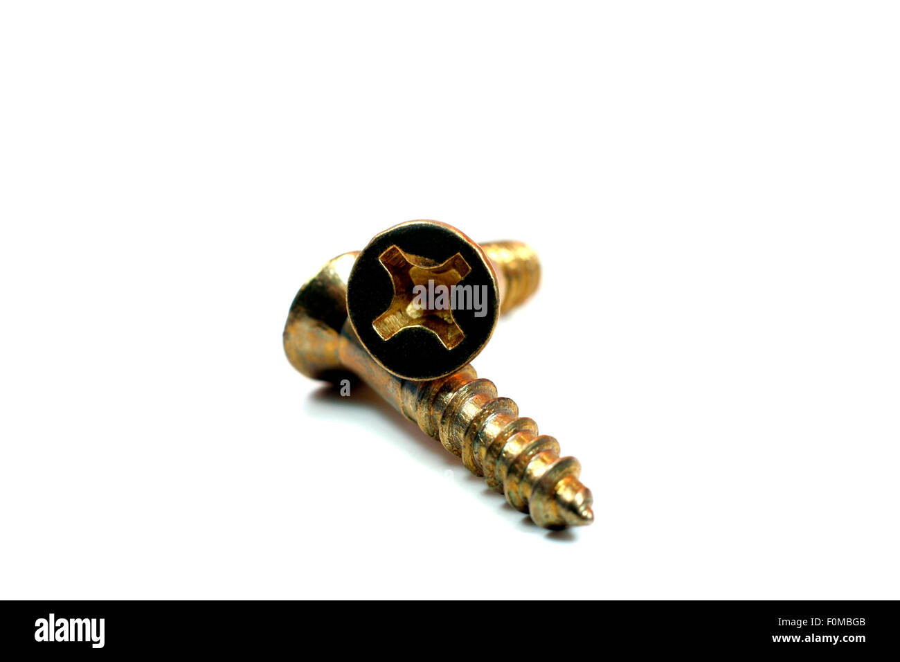 Two small golden screws isolated on white Stock Photo