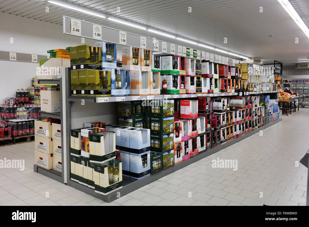 Alcoholic Beverages section of an Aldi discount supermarket in Germany Stock Photo