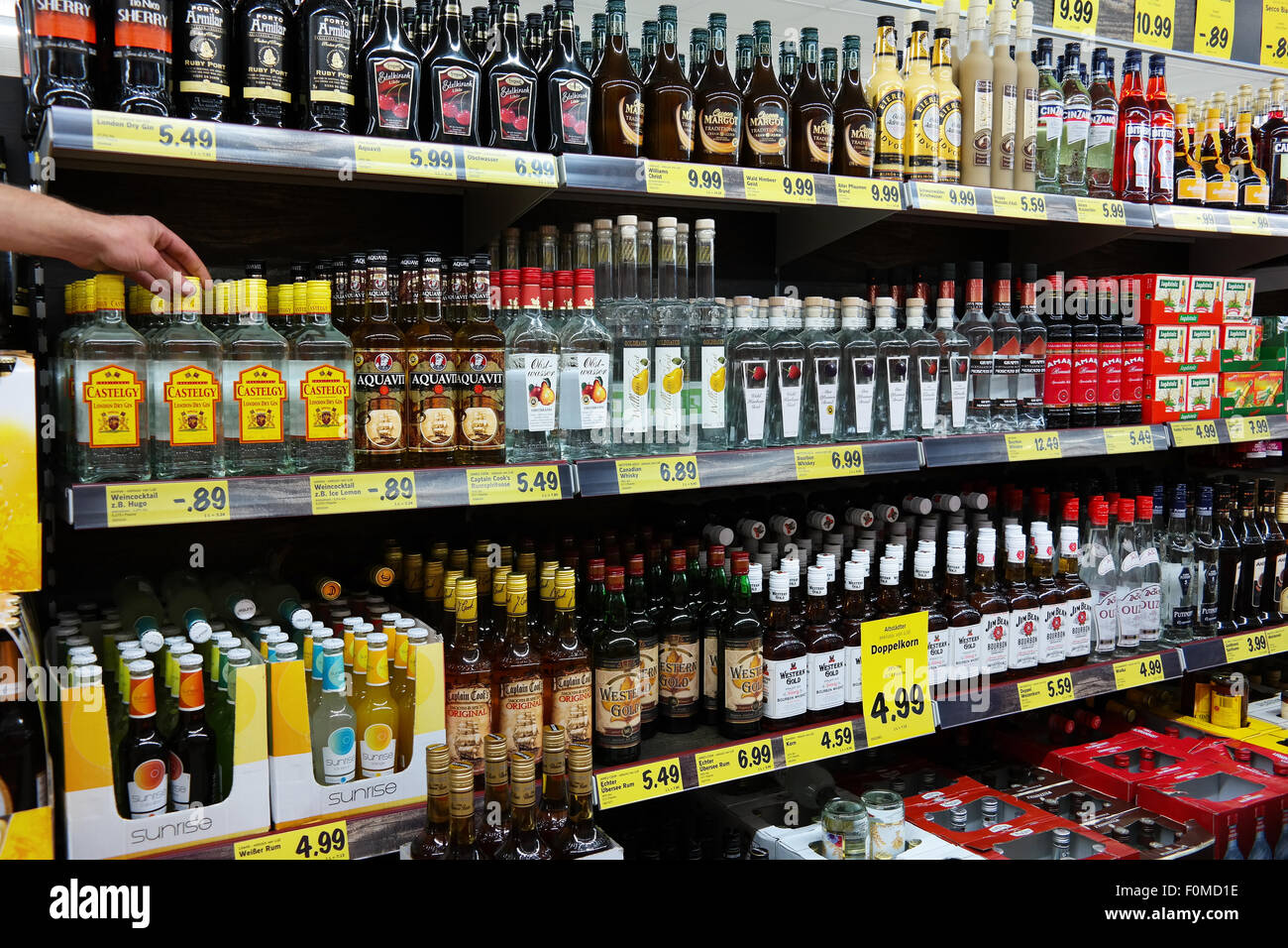 Shelves filled with alcoholic beverages in a Lidl discount supermarket