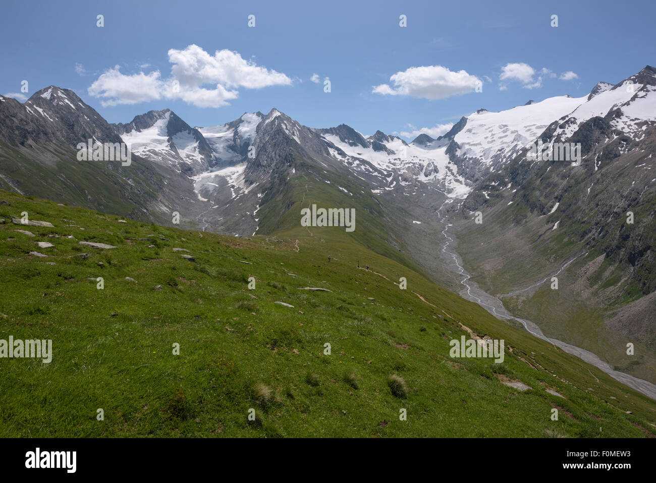 hiking trail through green mountain and glacier landscape in summer, Obergurgl, Oetztal, Austria Stock Photo
