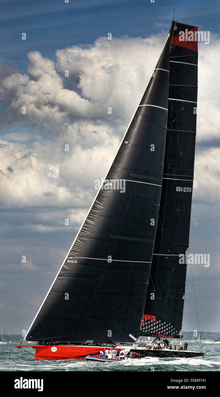 Pictured at the start of the Fastnet race 2015 at Cowes is the close hauled US Comanche, fastest monohull in the world. Stock Photo