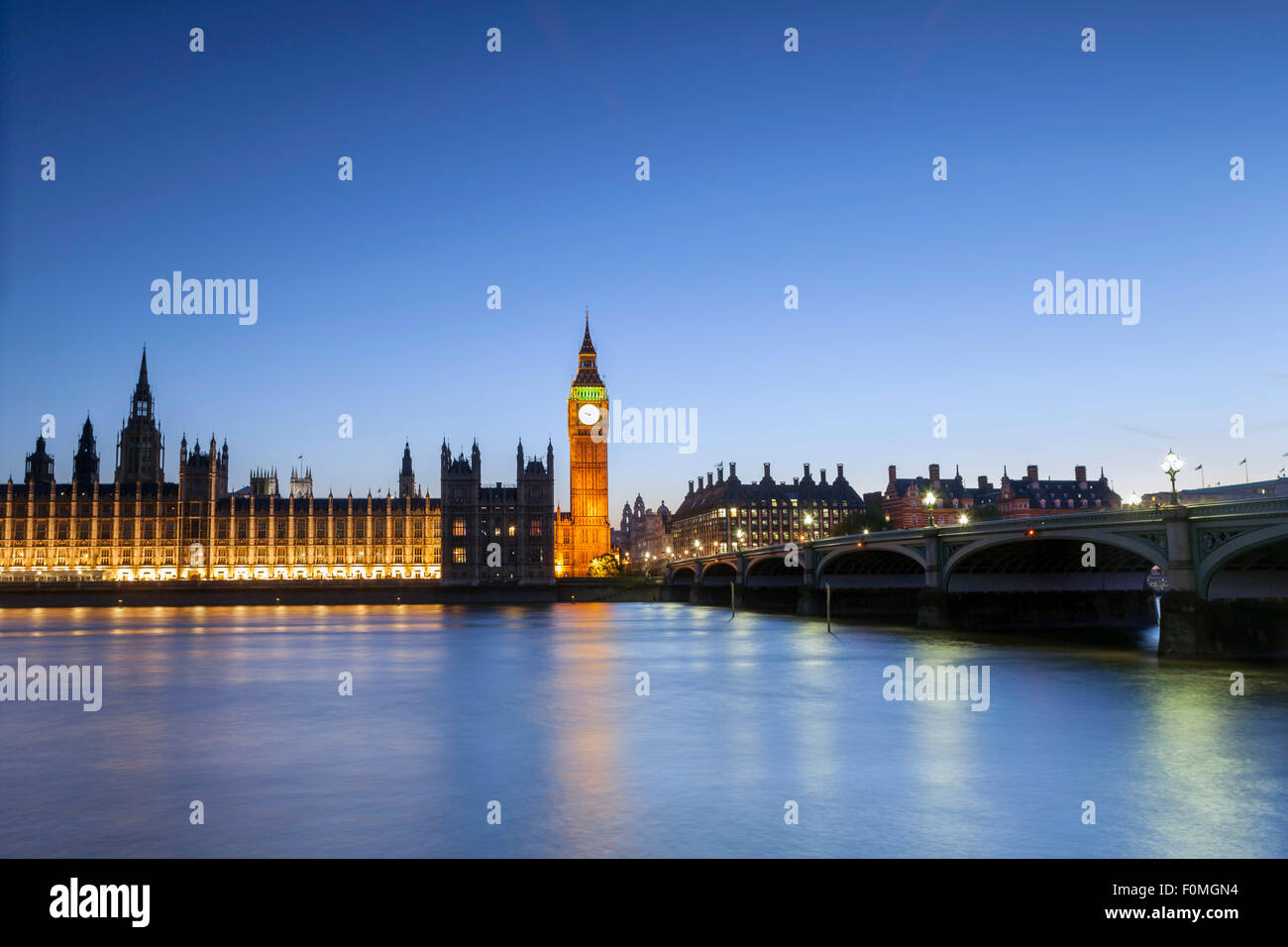 London, Houses of Parliament (Palace of Westminster), Thames and Westminster Bridge Stock Photo