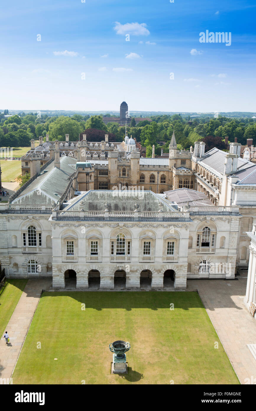 Senate House (James Gibbs, 1730), University of Cambridge, Clare College and university library in the background. Elevated view, blue sky, copy space Stock Photo