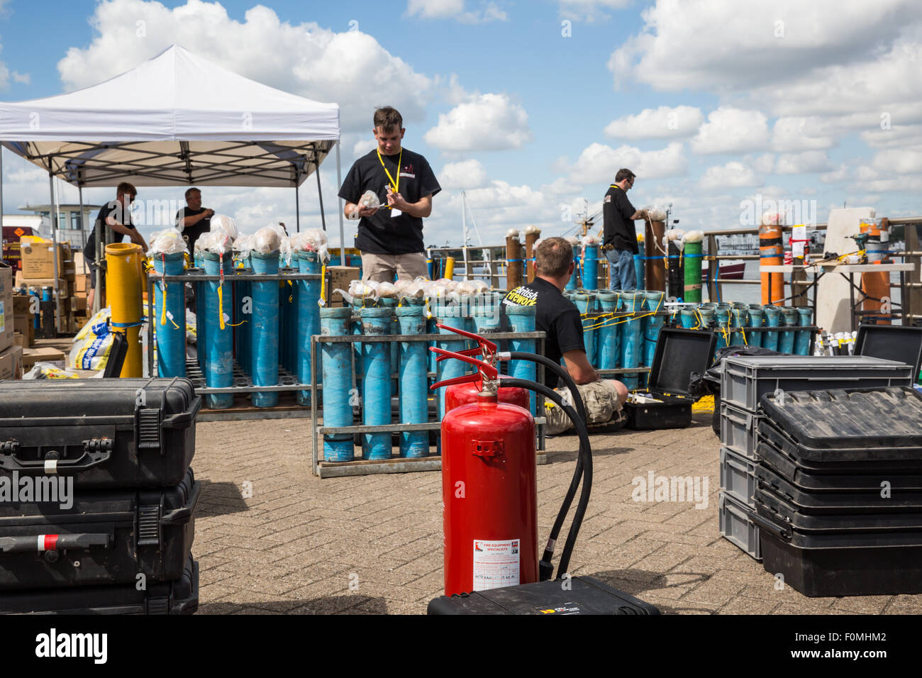 Plymouth, UK. 18th Aug, 2015. Paul Cook and Damian Binge set up the display for Spyrotechnics at the British Fireworks Championships - 17 August 2015 - in Plymouth, UK. The company uses mortars and salutes for their shells and will use 540kg of explosives during the display. Credit:  Anna Stevenson/Alamy Live News Stock Photo