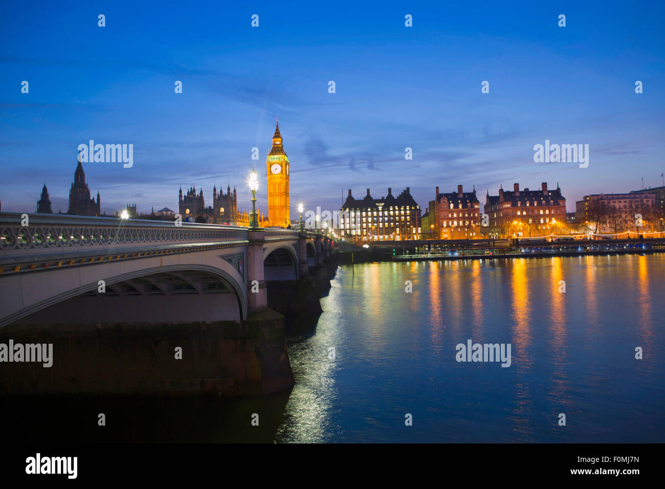 London, Houses of Parliament (Palace of Westminster), Thames and Westminster Bridge Stock Photo