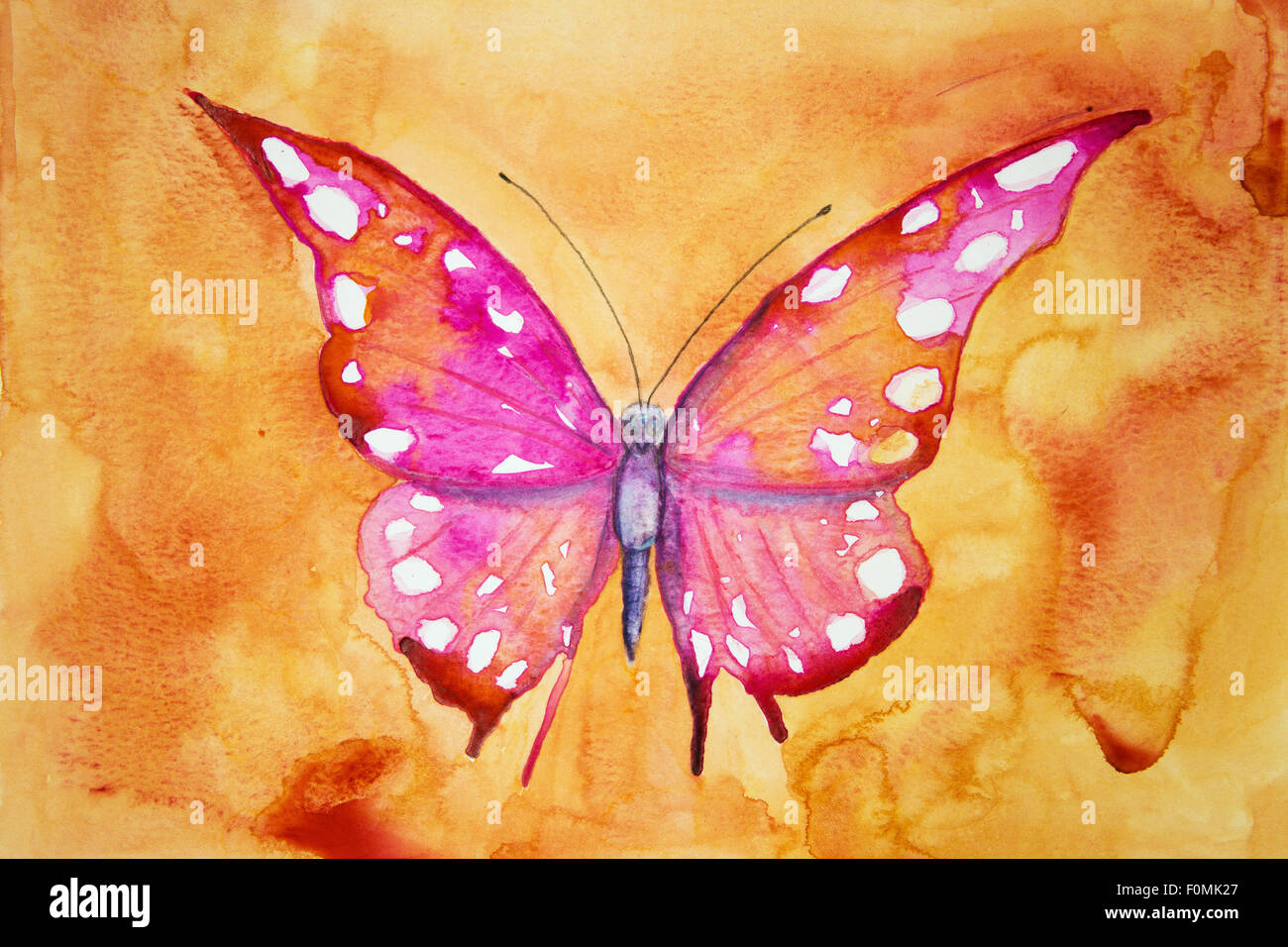 Pink butterfly with orange background. The dabbing technique gives a soft focus effect due to the altered surface roughness of t Stock Photo
