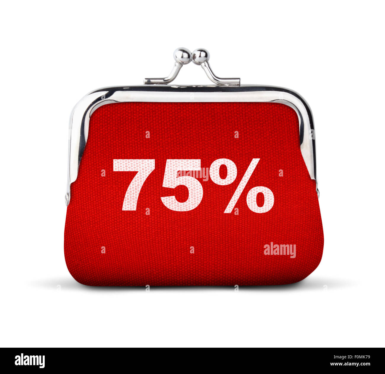Red purse, wallet with number 75 isolated on white, discount concept