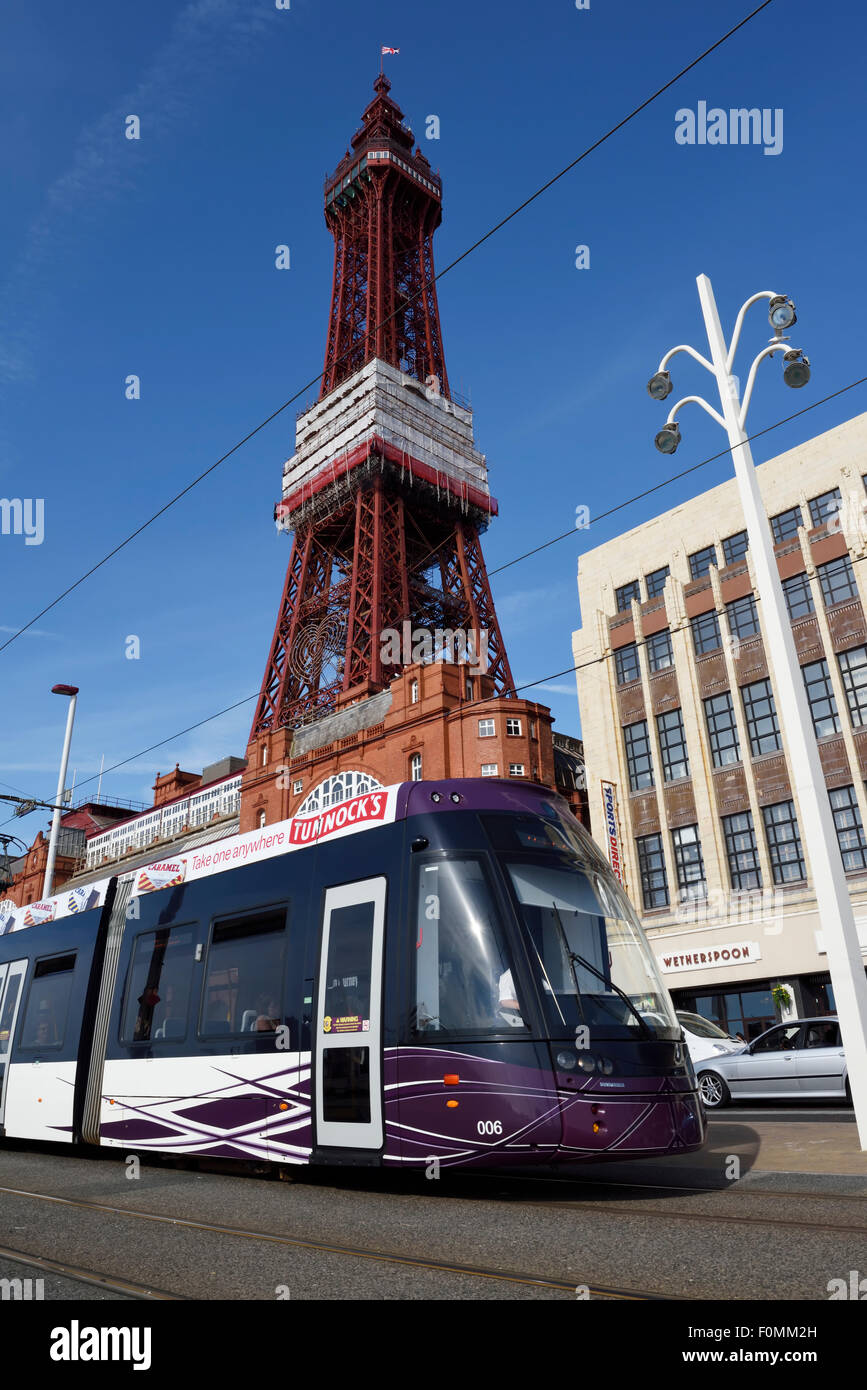 Modern Blackpool tram passing in front of the iconic Blackpool Tower