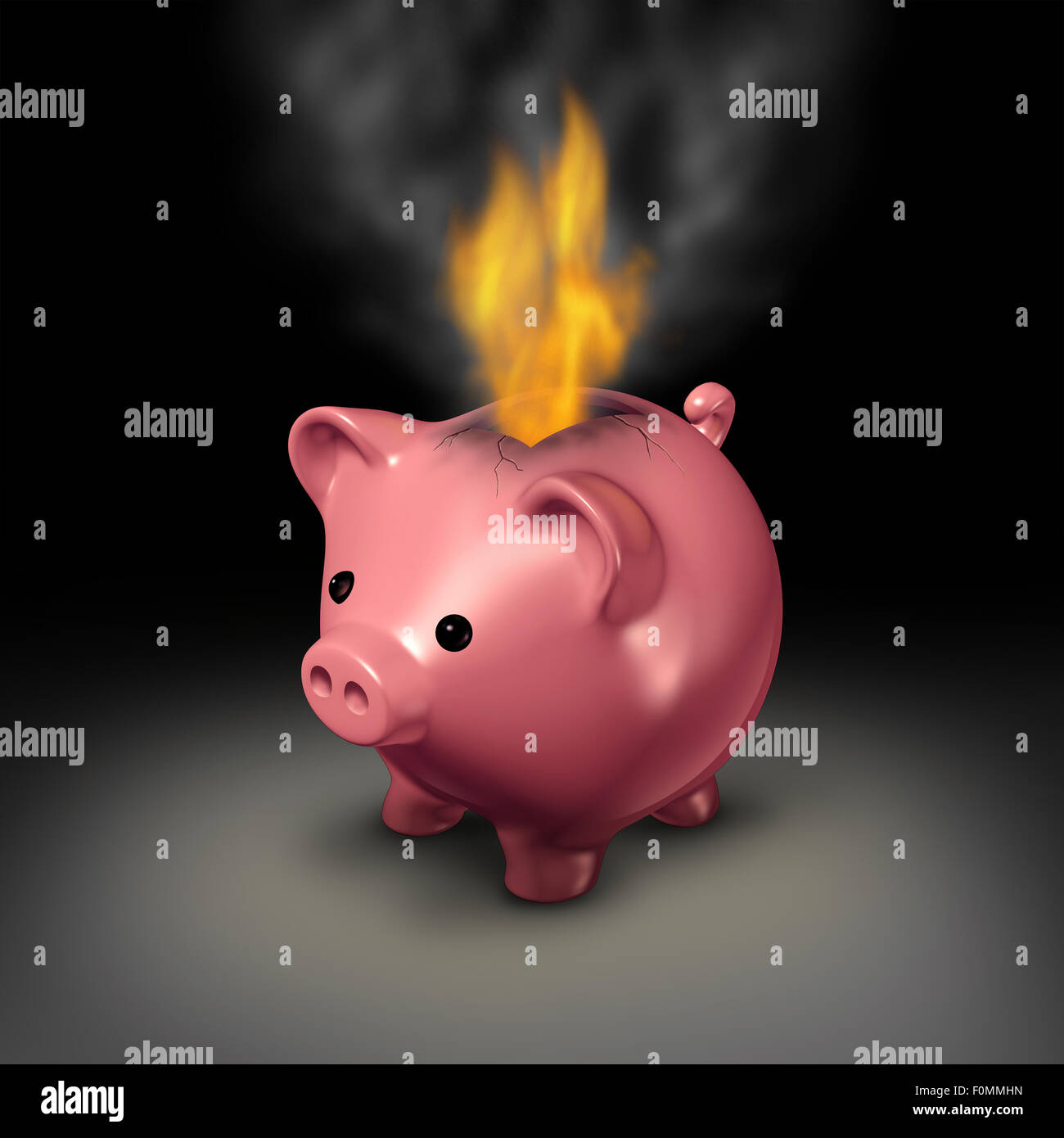 Burning money and careless spending financial concept as a piggy bank with flames and smoke coming out because of currency. Stock Photo