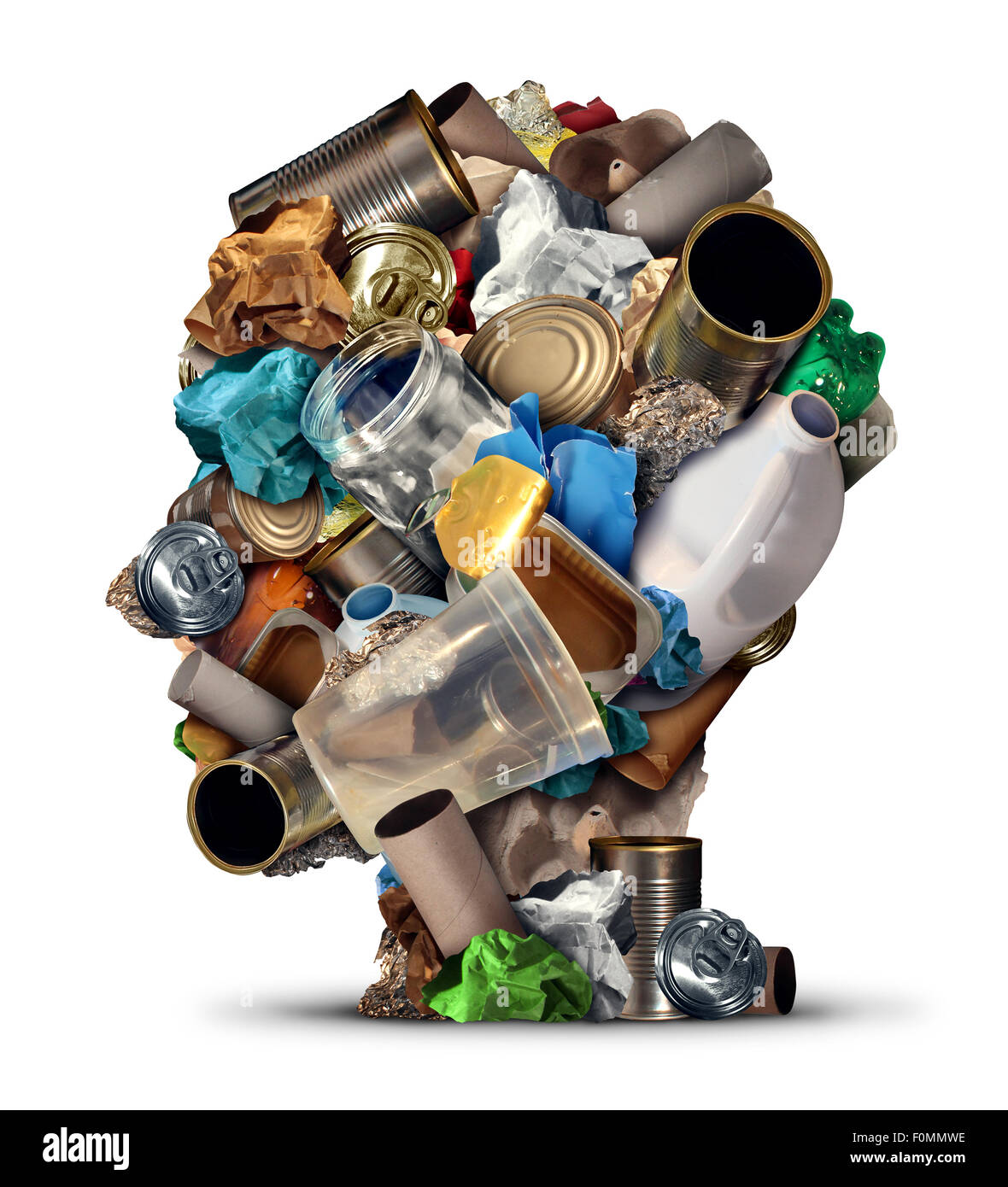 Recycling ideas and environmental garbage management solutions and creative ways to reuse waste as old paper glass metal and plastic bottles shaped as a human head as a symbol for reusable thinking and conservation advice. Stock Photo