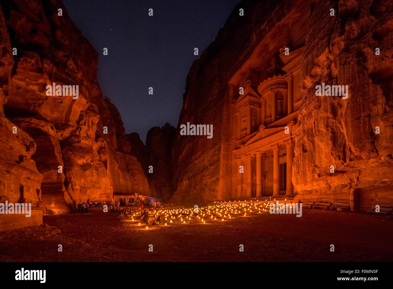 al-Khaznah or the Treasury at night time candlelight visit, Petra, Jordan. Stock Photo