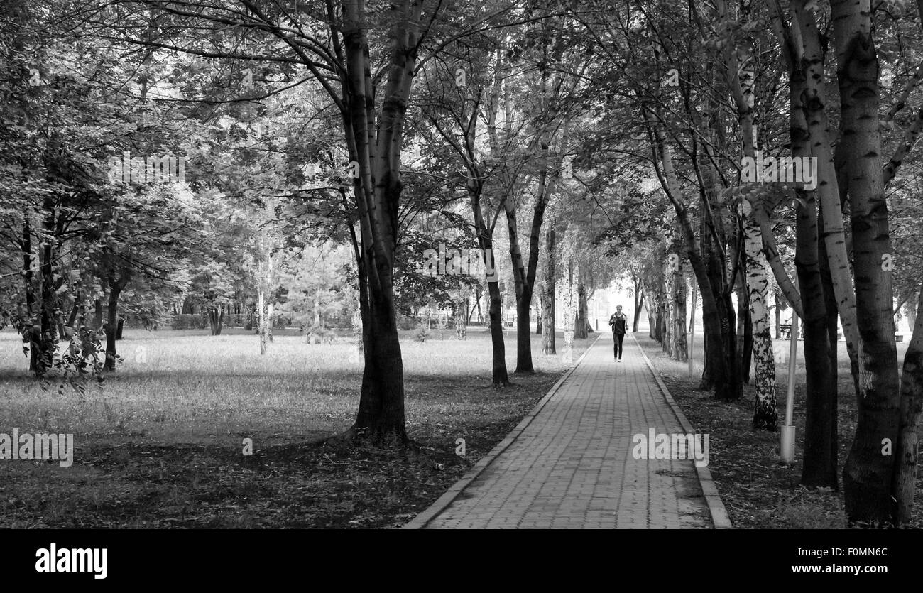 Single lone man walks down a deserted forest stone path amongst the shadows of overhead trees Stock Photo