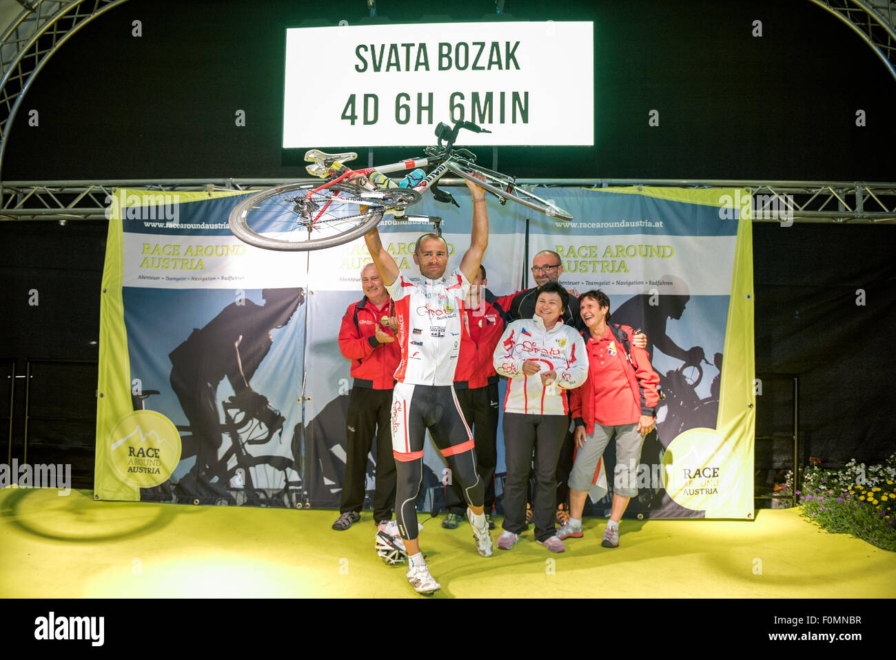 The third placed Svata Bozak pose with his support team after 2175 Km long Race Around Austria Extreme 2015 in Sankt Georgen im Attergau, Austria, on August 16, 2016. (CTK Photo/Ivo Dvorak) Stock Photo