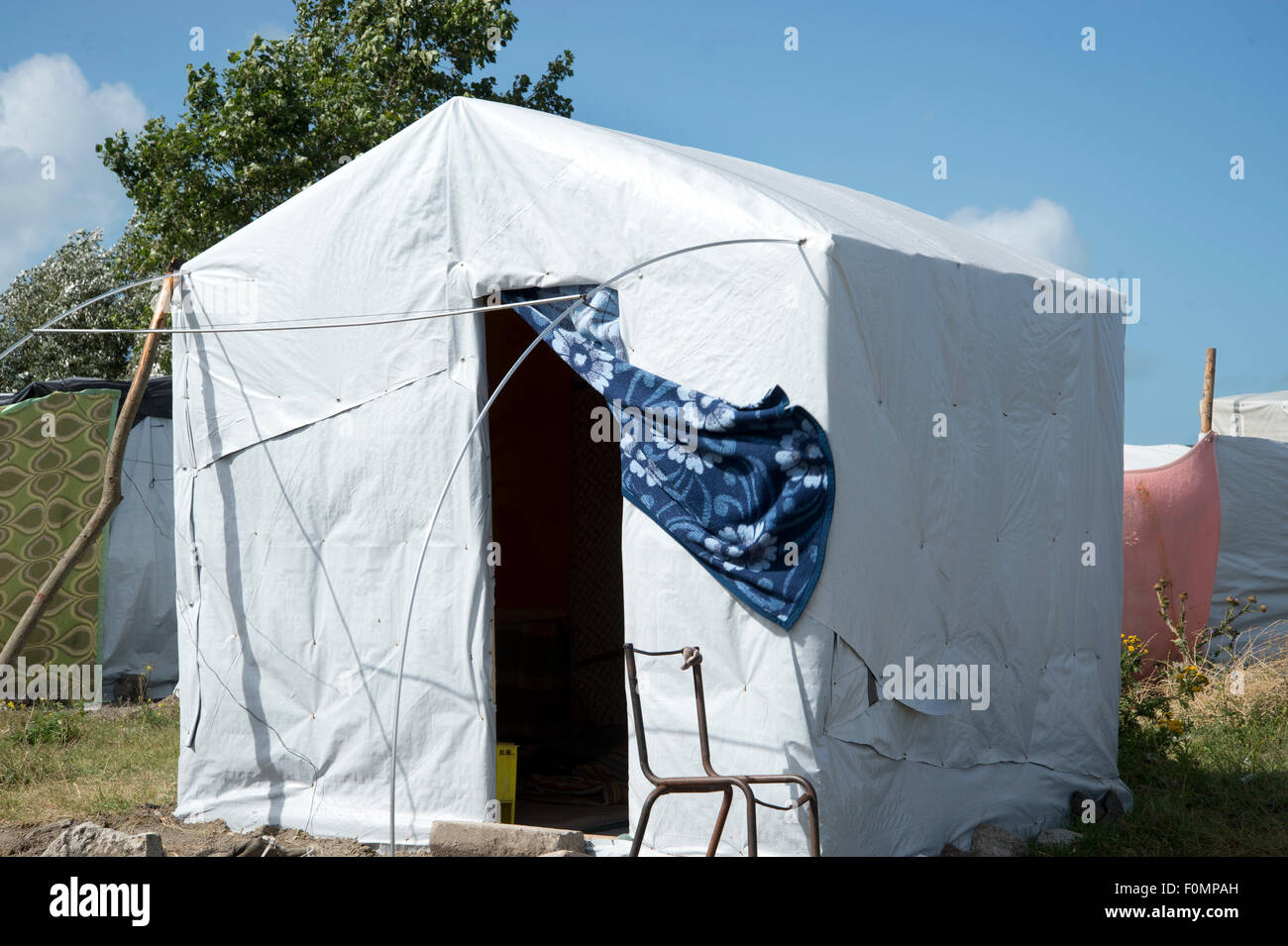 The so called Jungle camp for refugees. A neat shelter made from white