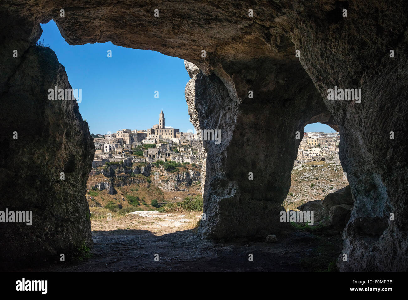 Looking to the town of Matera from the chiese rupestri, caves, across