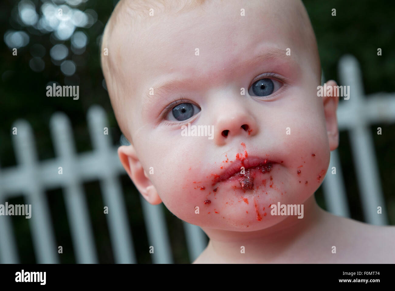 Wheat Ridge, Colorado - Adam Hjermstad Jr., with the remains of cake from his first birthday. Stock Photo