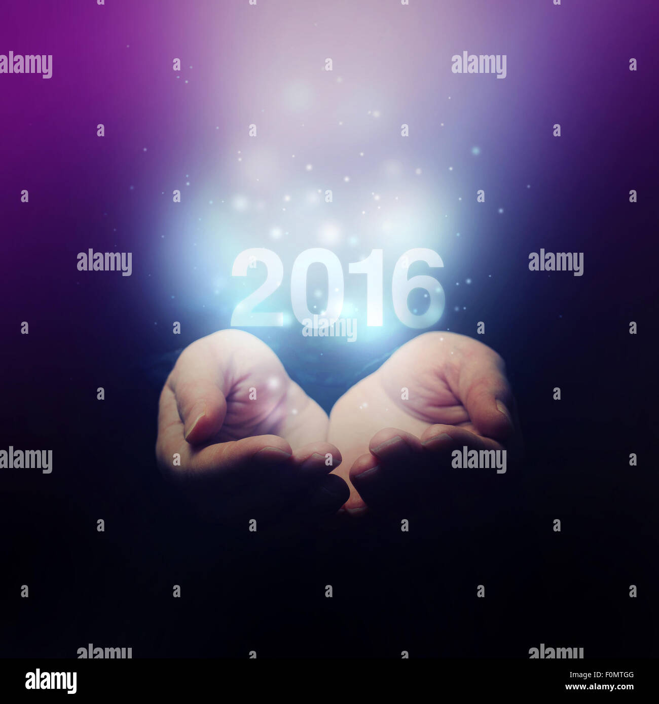 Open Hands Holding Number 2016, Happy New Year, Selective Focus on Fingers, Retro Vintage Tone Stock Photo