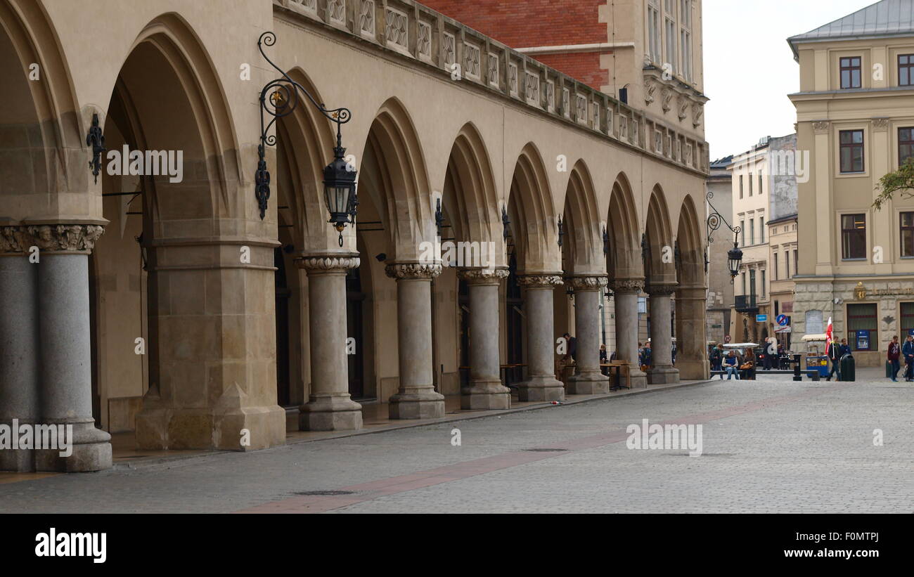 Krakow, Main Market Square, antique Cloth Hall Sukiennice. The outer colonnade. Stock Photo