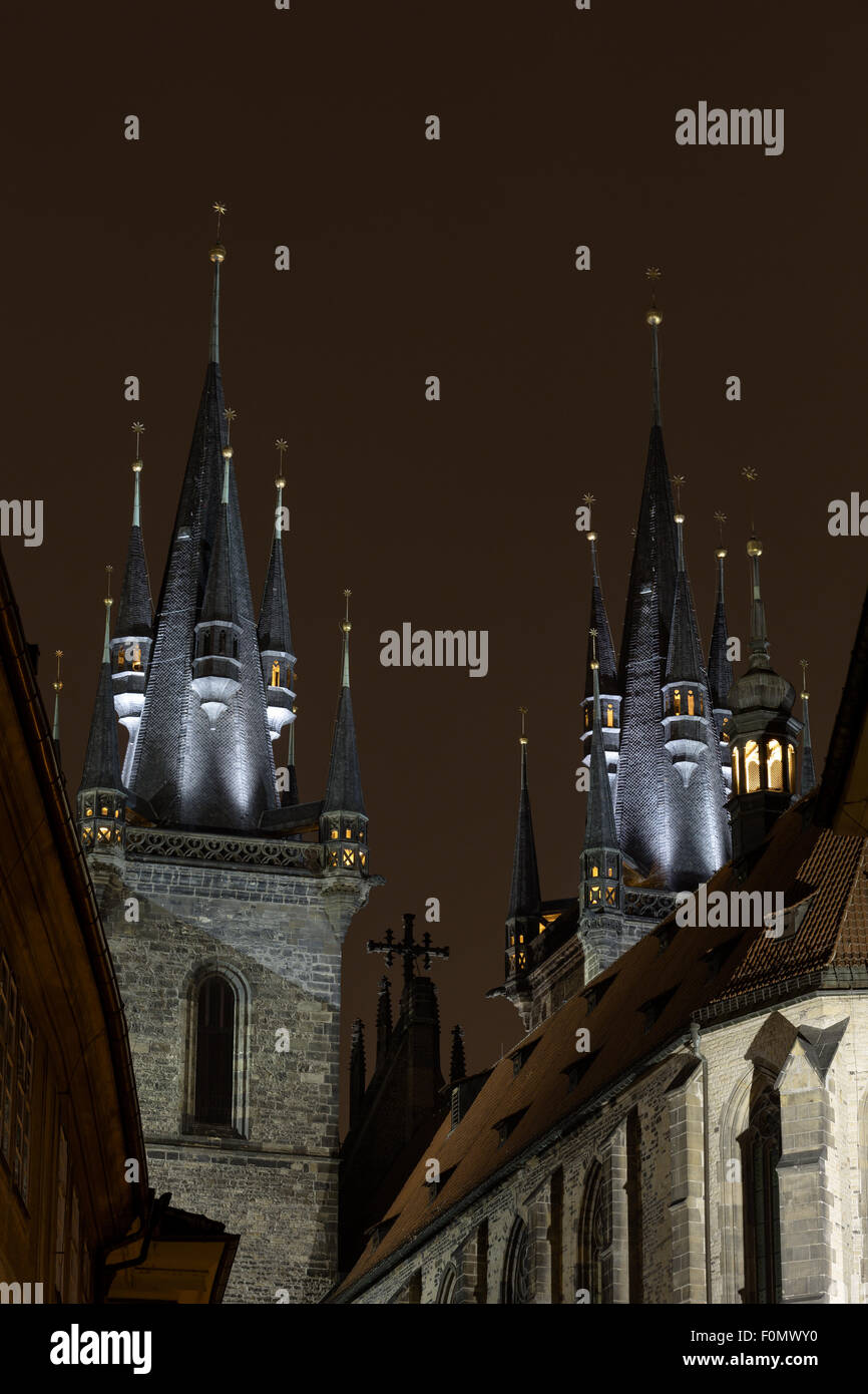 night, Prague, city, capital, town, city centre, UNESCO, Czech republic, cathedral, church, religion, architect Stock Photo
