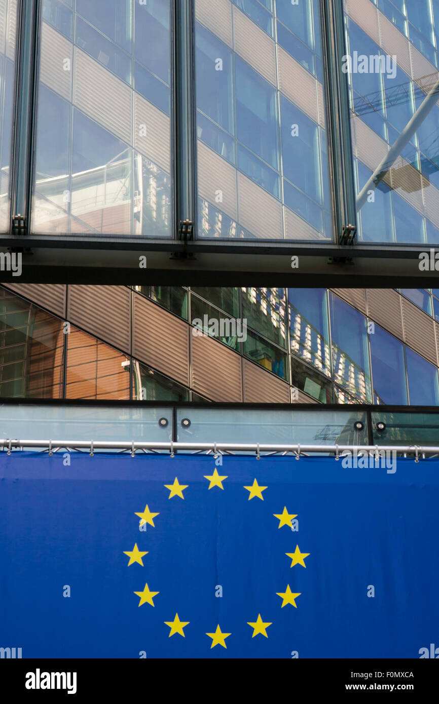 European Union logotype next to the Council of the European Union Building (Lex building) in Brussels Stock Photo