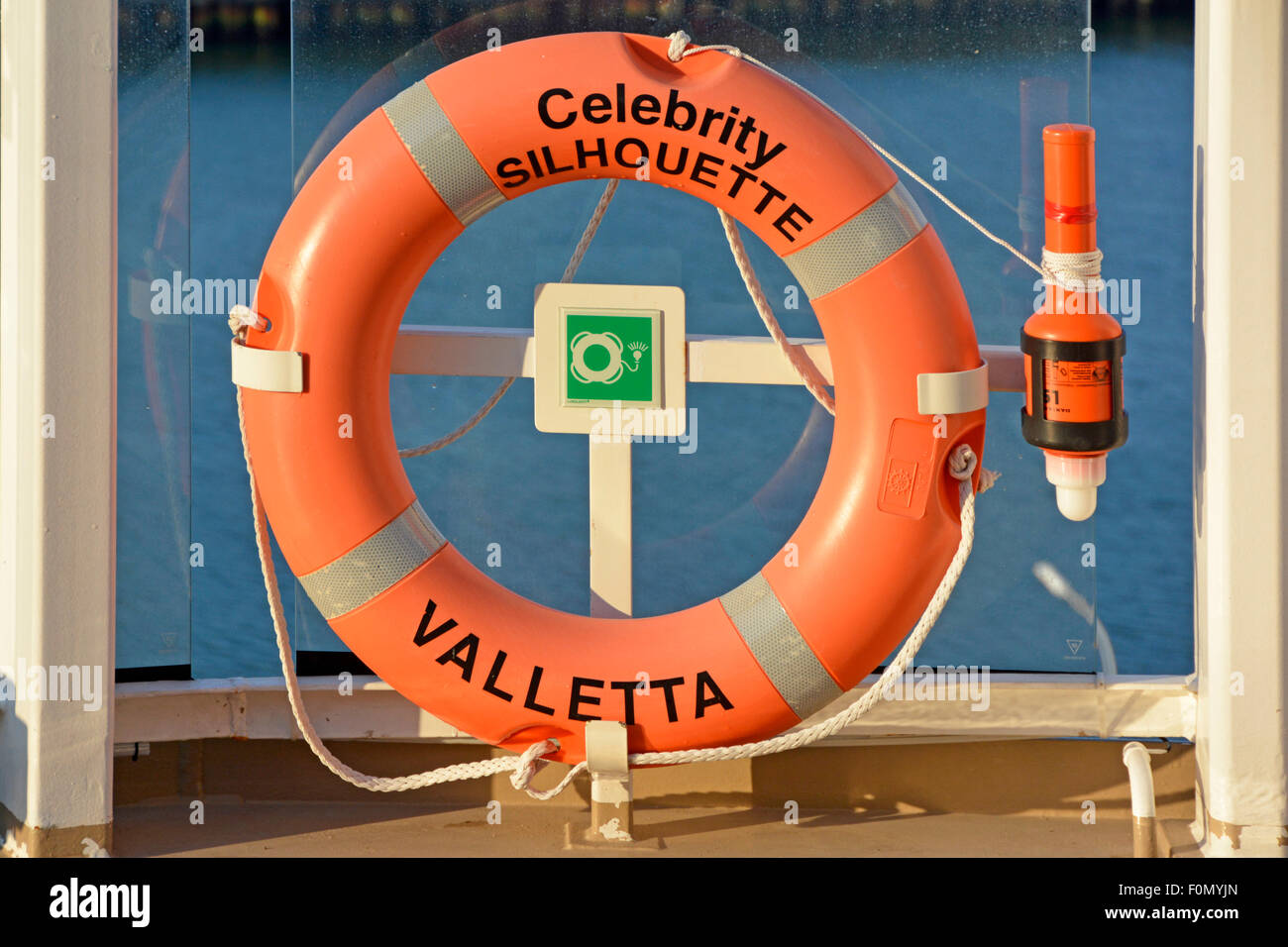 'Celebrity Silhouette' cruise ship close up of lifebelt and attached smoke flare canister Cruising the Mediterranean Stock Photo