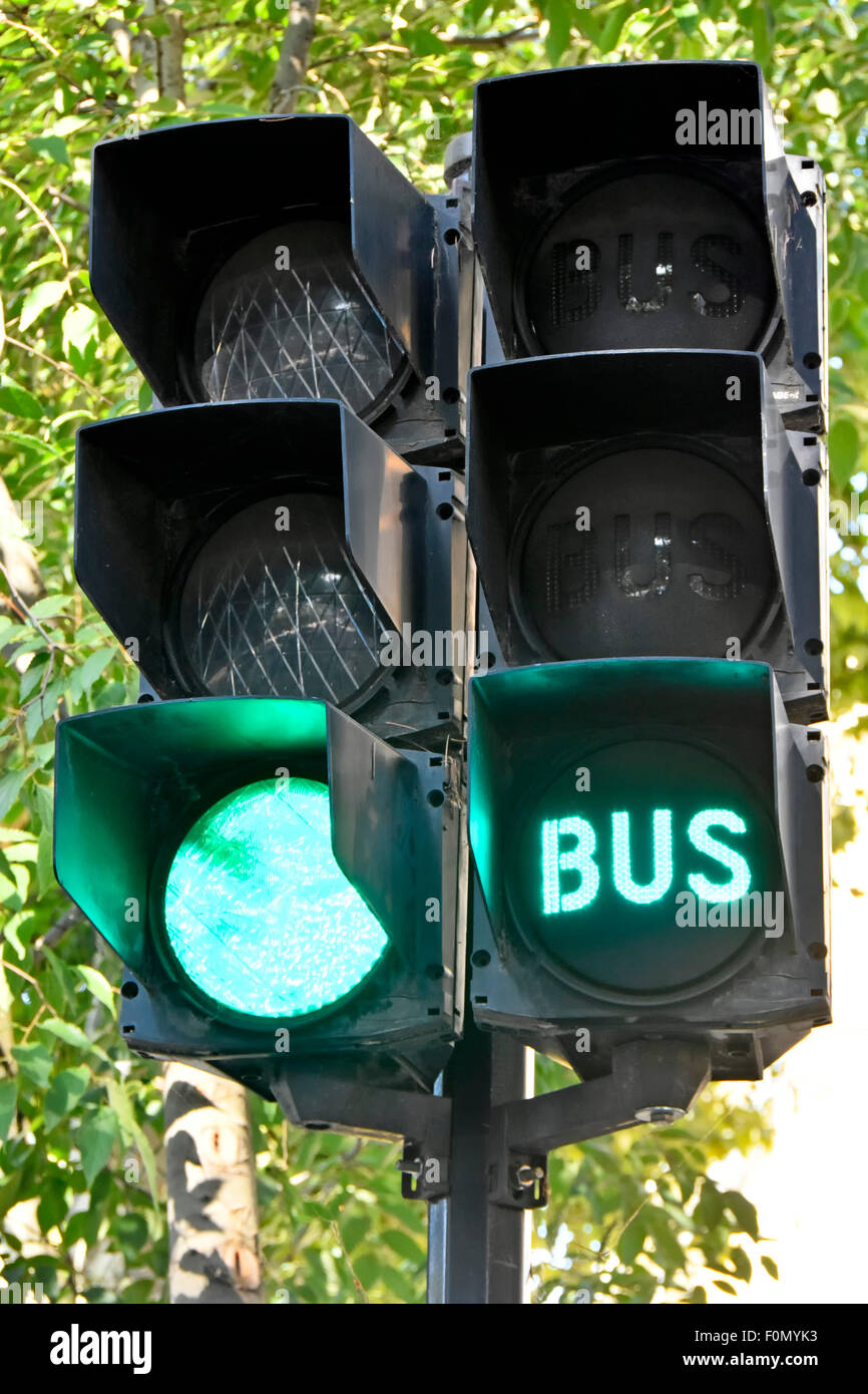 French dual set of traffic lights with dedicated control of bus lane showing green light in Aix En Provence Provence South of France Stock Photo