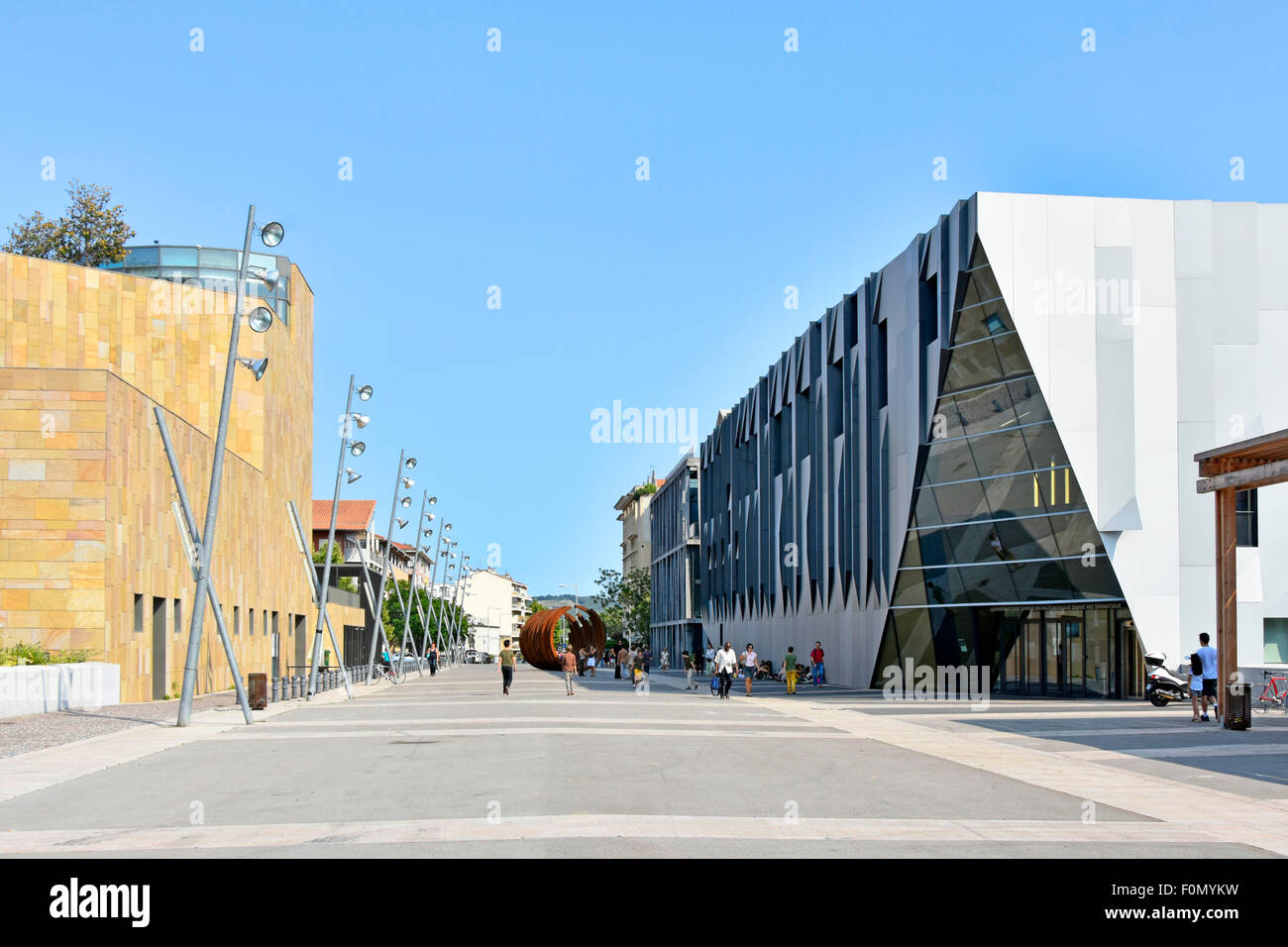 Concourse between modern French 'arts' buildings with Grand Theatre de Provence (left) & Conservatoire Darius Milhaud (right) Stock Photo