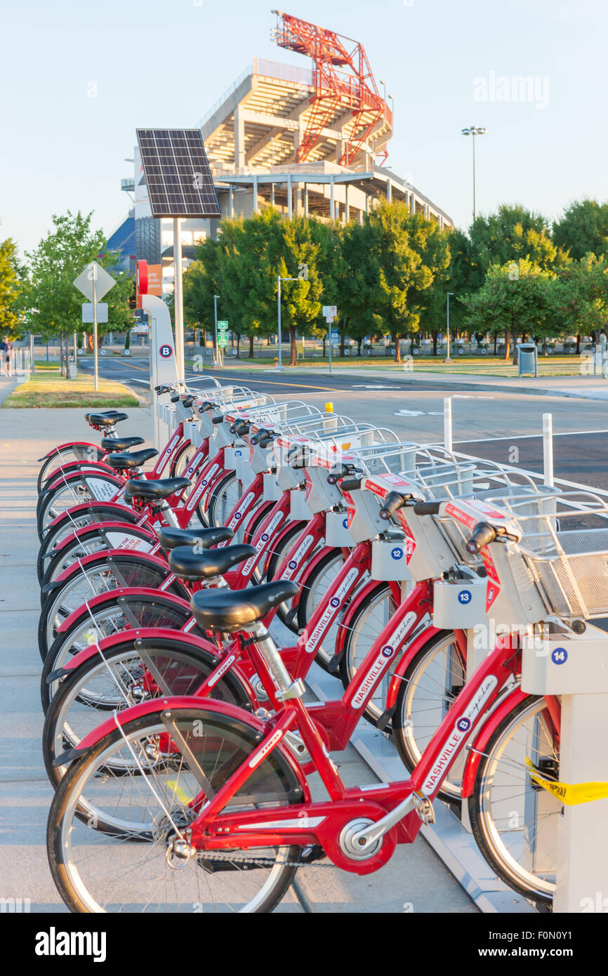 B-cycle bike sharing program bicycles docked at the Cumberland Park B-station near Nissan Stadium in Nashville, Tennessee. Stock Photo