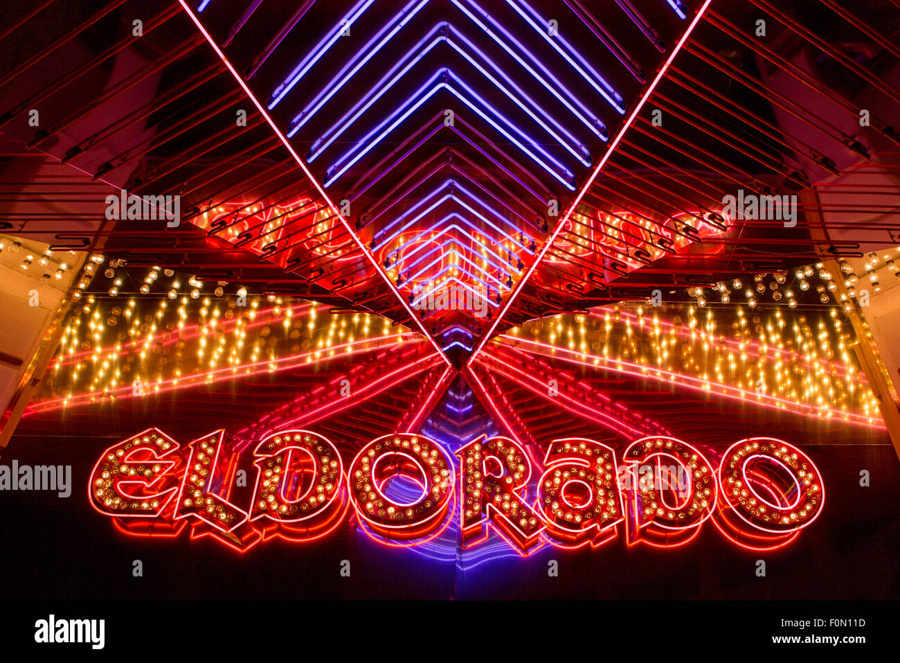 Entrance of the Eldorado Casino in Reno at night with all the neon lights and adverts. Las Vegas 2012 Stock Photo