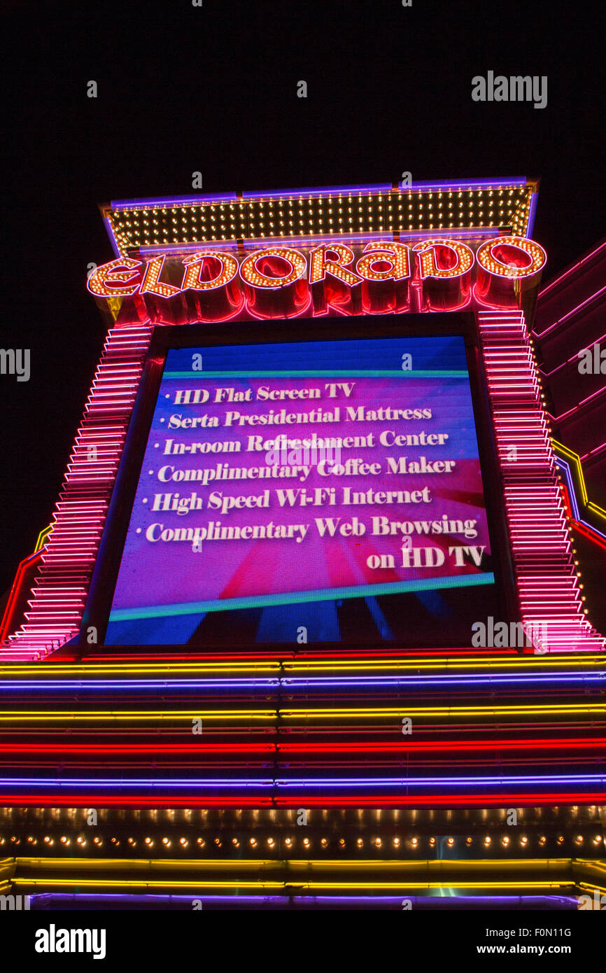 Entrance of the Eldorado Casino in Reno at night with all the neon lights and adverts. Las Vegas 2012 Stock Photo