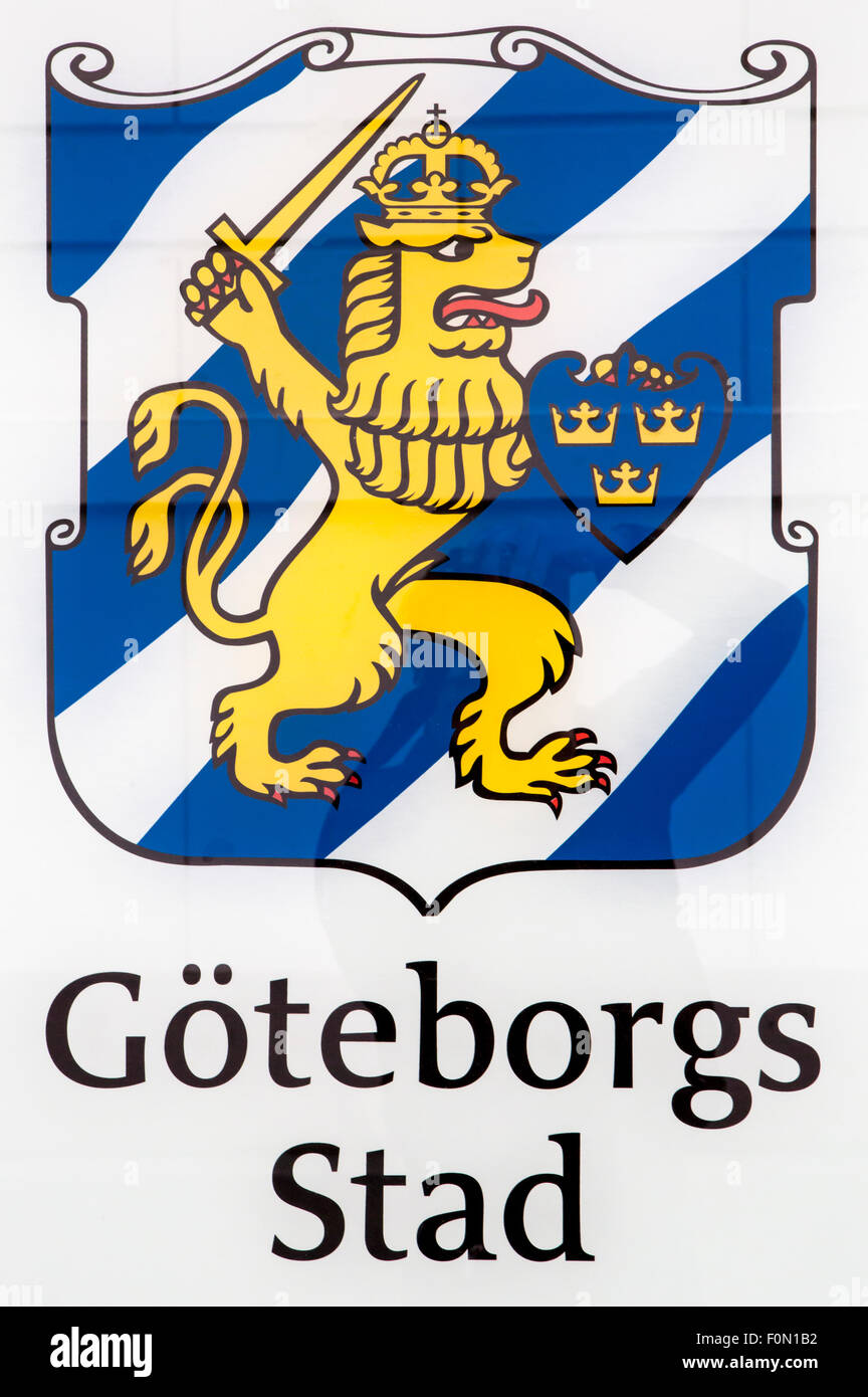 Sign board with the official Logo or symbol of the Swedish city of Goteborgs. Stock Photo