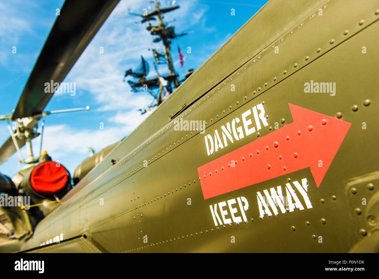 Danger Keep Away Military Site. Warning on Side of the Military Aircraft. Army Warship. Stock Photo