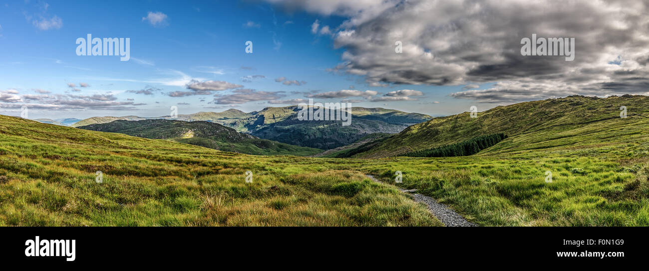A Panoramic view from the hike up The Merrick looking across the valleys and hills back towards Glentrool. Stock Photo